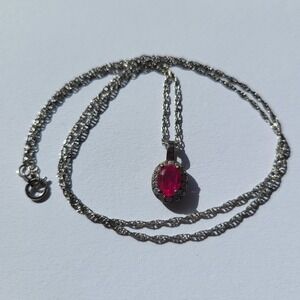 Vintage 925 Sterling Silver Ruby Halo Pendant Necklace Oval Red Stone